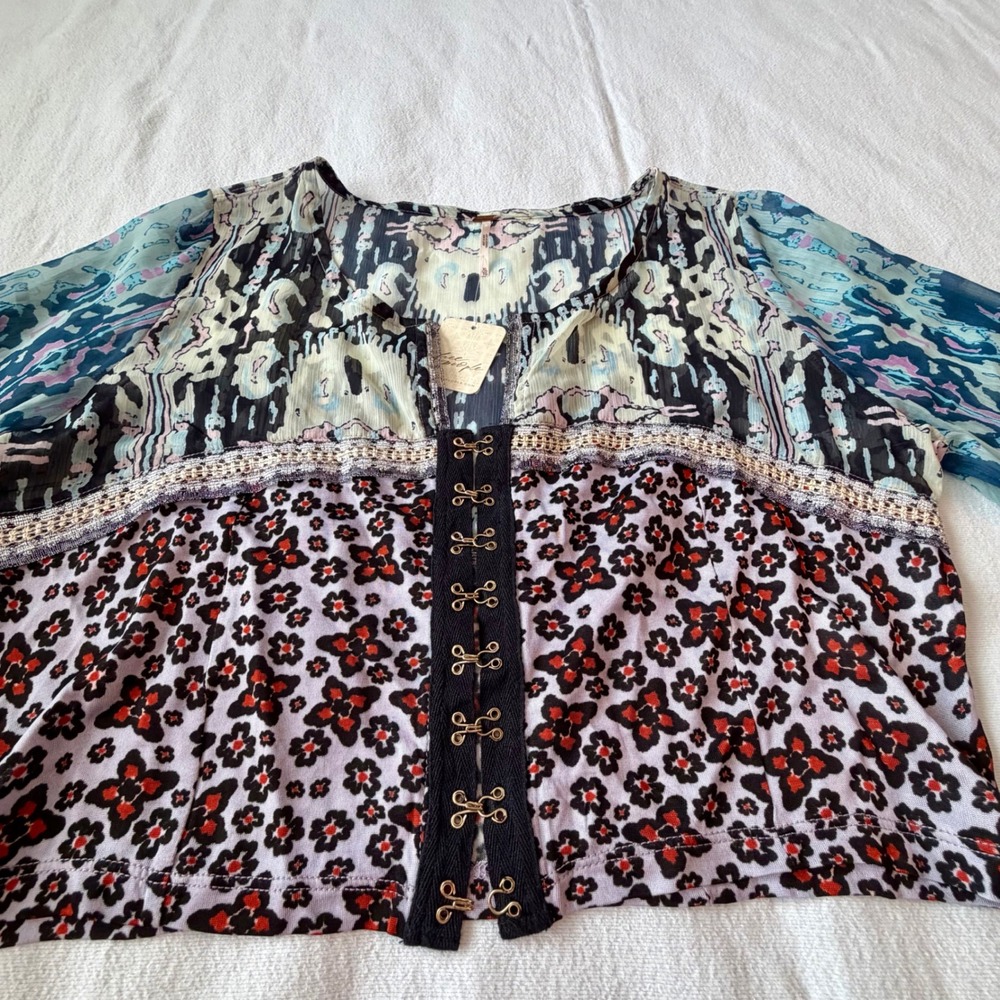 Free People Lavender Sky Combo Mixed Print Hook Eye Crop Boho Top Women's XL - Picture 2 of 9